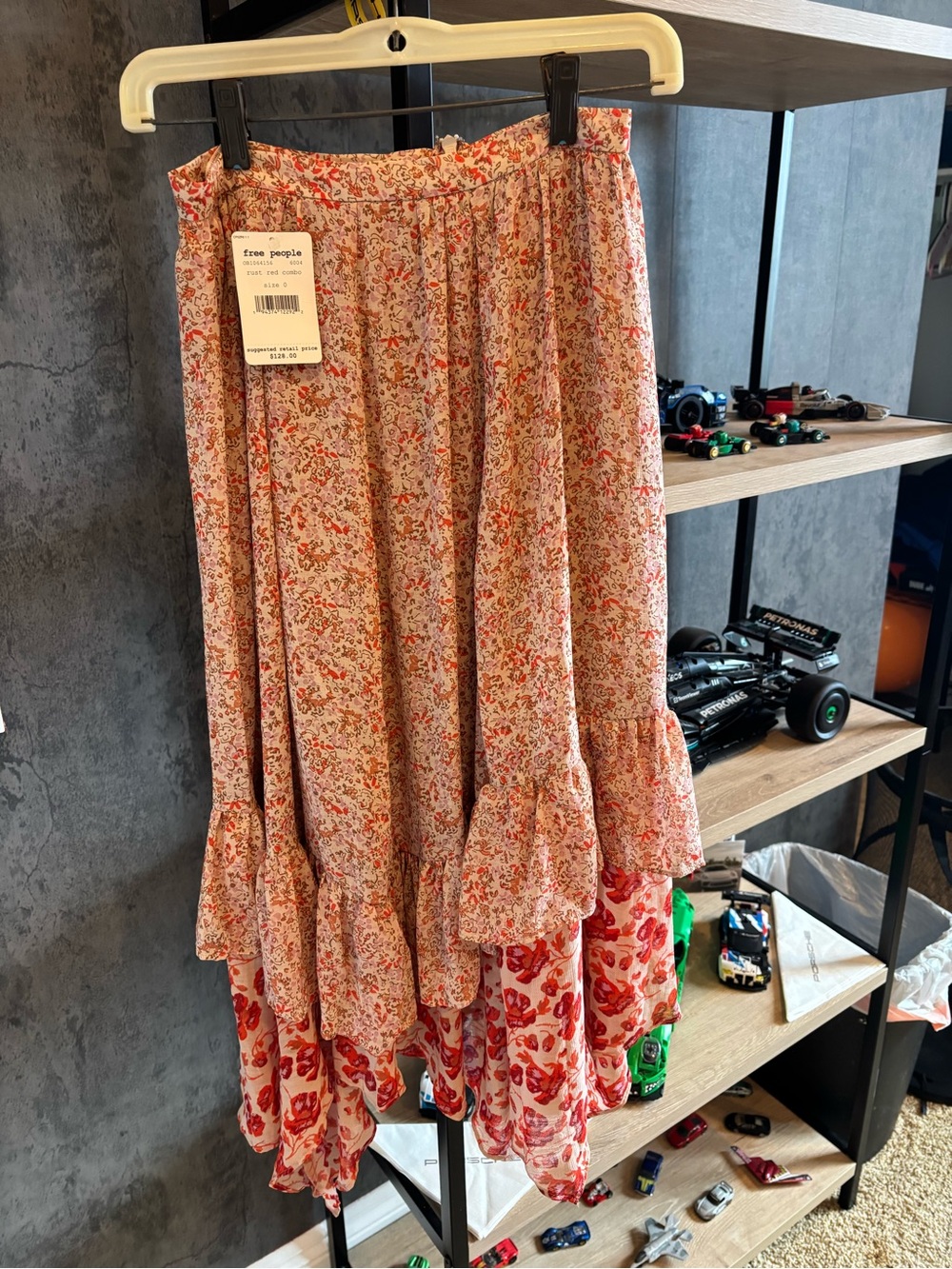 Free People Coral and Cream Floral Asymmetrical Ruffle Midi Skirt
